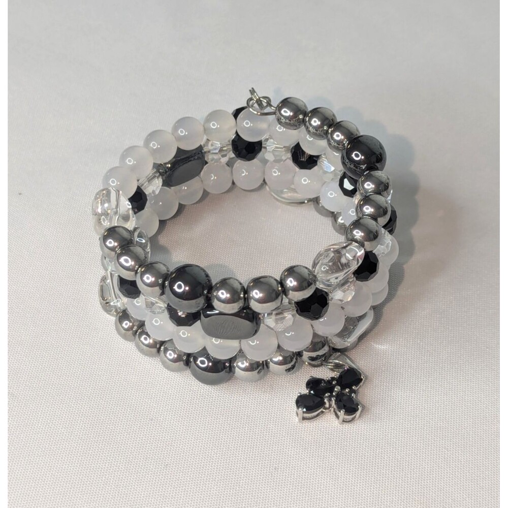 Adjustable Bracelet - 4 Coil, Black, Hematite, White, & Clear Beads with Dangles